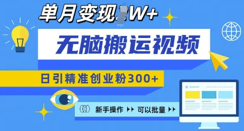 无脑搬运视频号可批量复制，新手即可操作，日引精准创业粉300+，月变现过W【揭秘】【焦圣希18818568866】