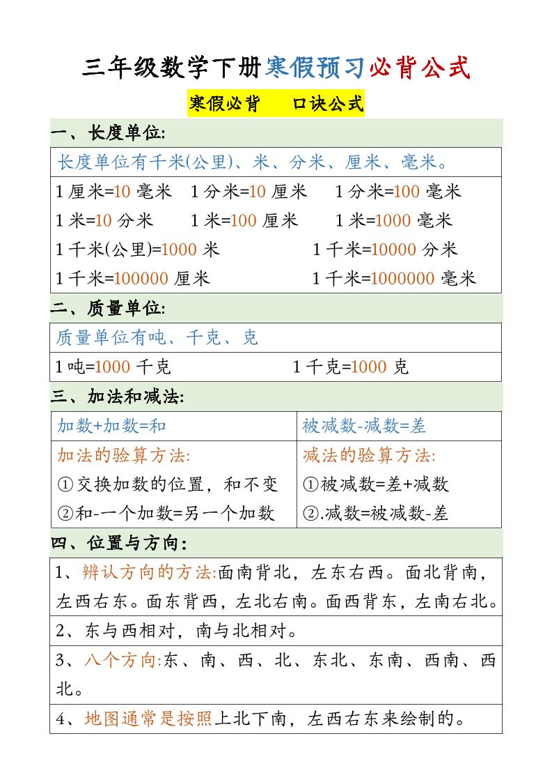 三下数学必备公式大全(3)