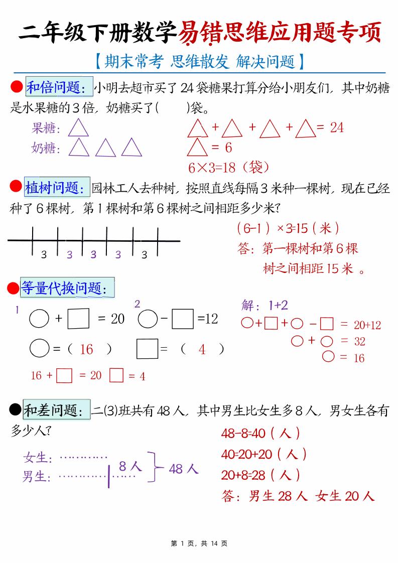 二下数学易错思维应用题专项（28道母题）练习+答案版14页